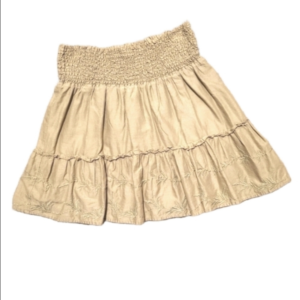 Guess Y2K Embroidered Boho Miniskirt Ruffled Flowy Flared Hem Vintage Khaki